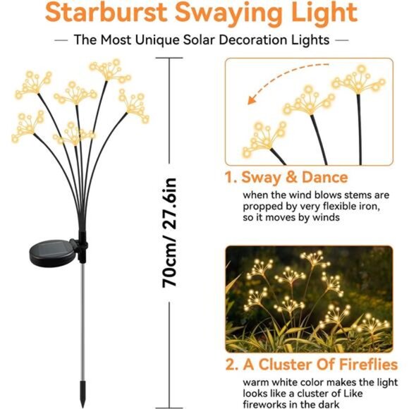 Solar Garden Lights, New Upgraded 2 Pack Solar Swaying Starburst Light - Picture 2 of 7